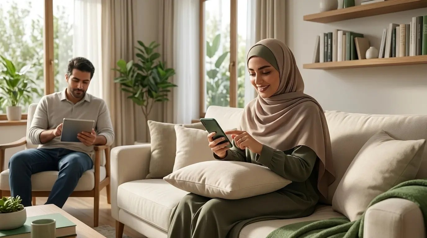 دو کاربر درحال استفاده از حساب بانکی دیجیتال گرین بانک در منزل