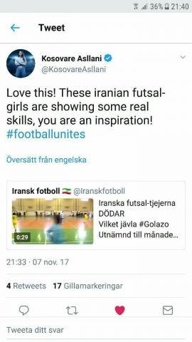 بازیکن تیم ملی سوئد از ملی‌پوش زن ایرانی تمجید کرد