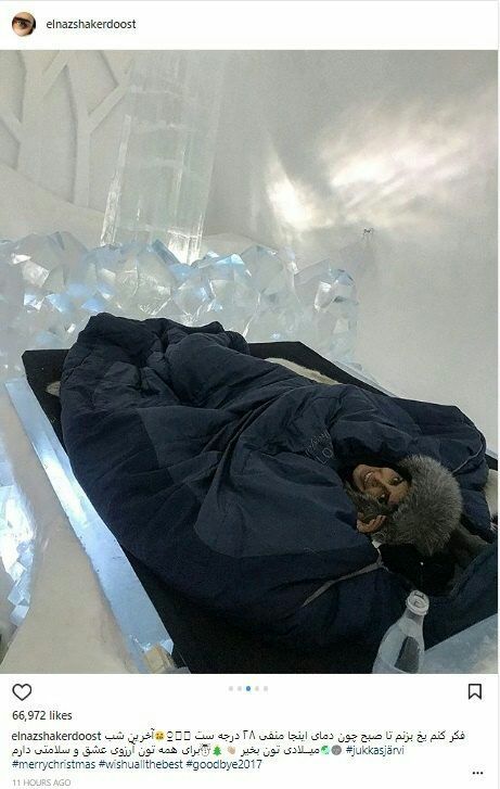 خوابیدن الناز شاکردوست در دمای منفی ۲۸ درجه