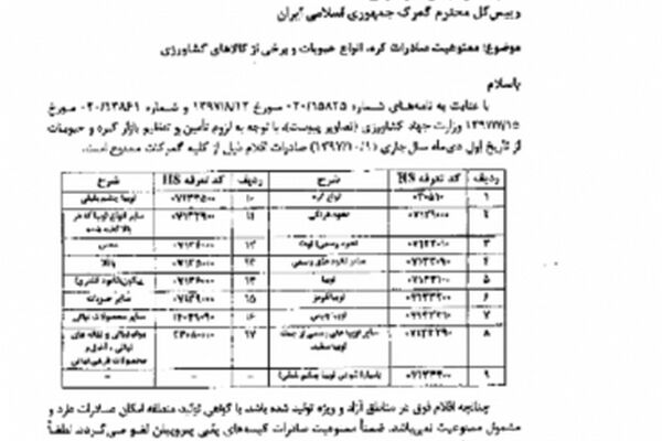صادرات ۱۷قلم مواد غذایی از اول دی ممنوع شد