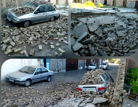ریزش دیوار روی یک خودرو در سبزوار