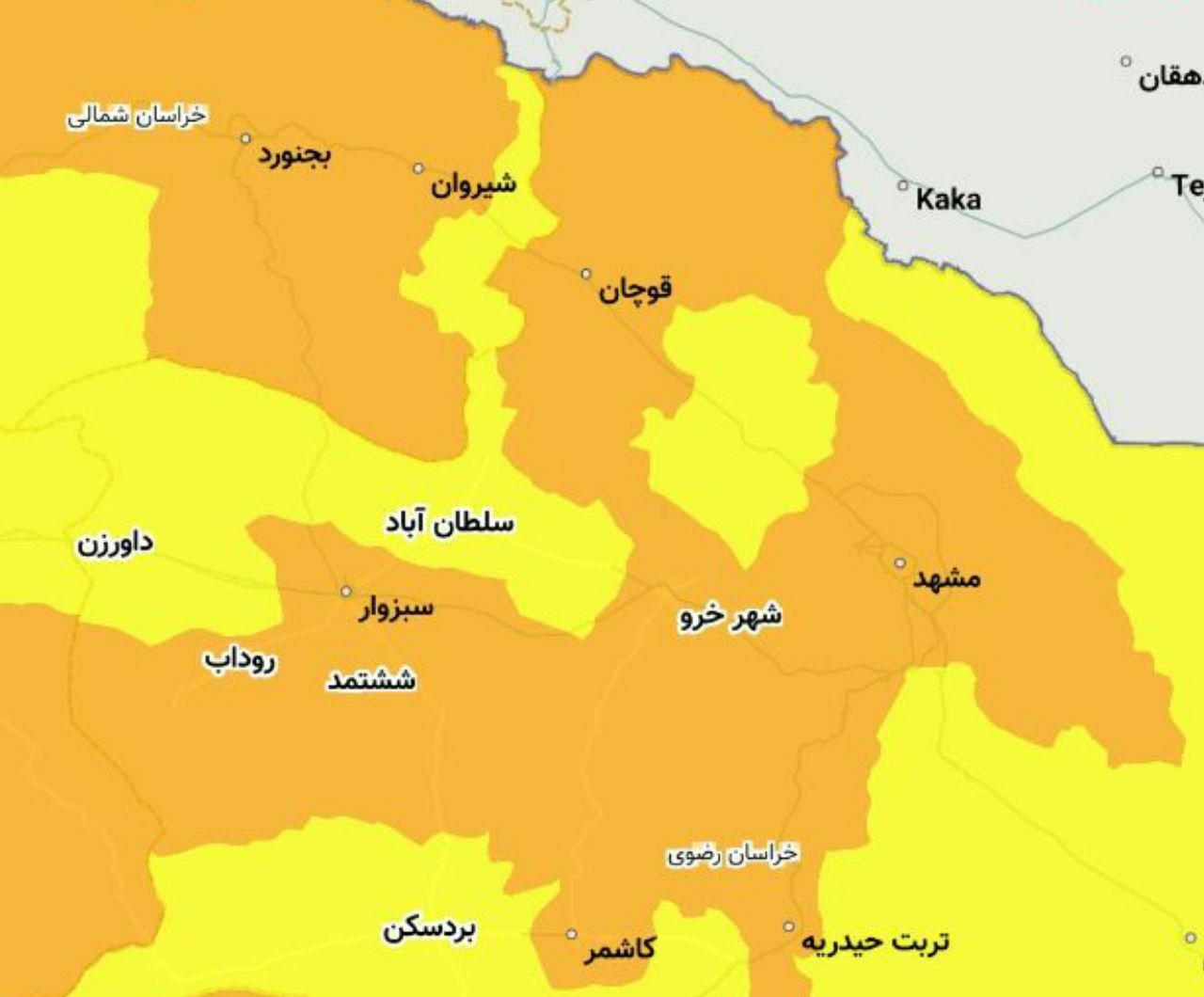 کدام شهرهای  خراسان رضوی در وضعیت نارنجی هستند؟