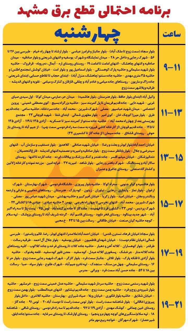 فردا کجاها برق قطع می‌شود؟